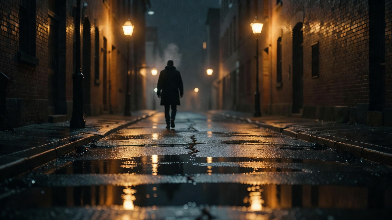 雨夜巷口的电影感画面，路灯倒映在湿润路面上，远处有人影走过